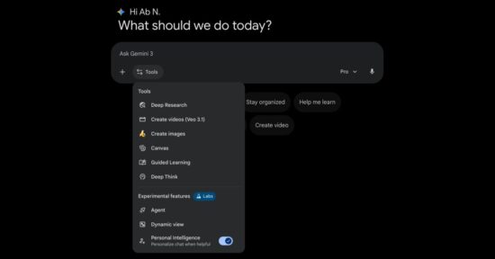 gemini app tools menu adds labs section