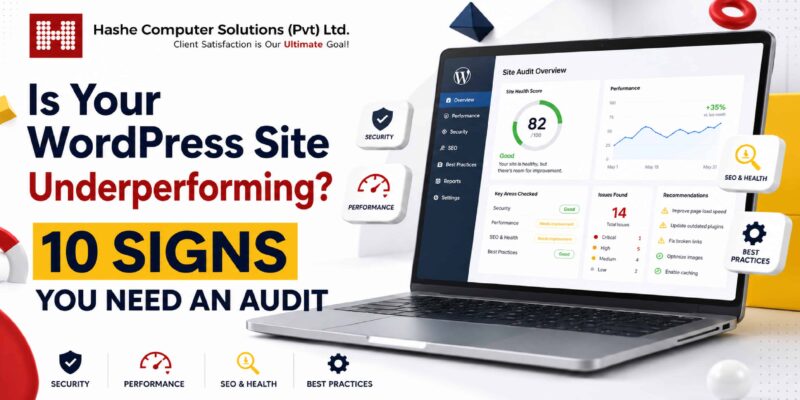 Is Your WordPress Site Underperforming? 10 Signs You Need an Audit 2 Illustration showing a WordPress website performance audit with speed, security, and SEO optimization indicators.
