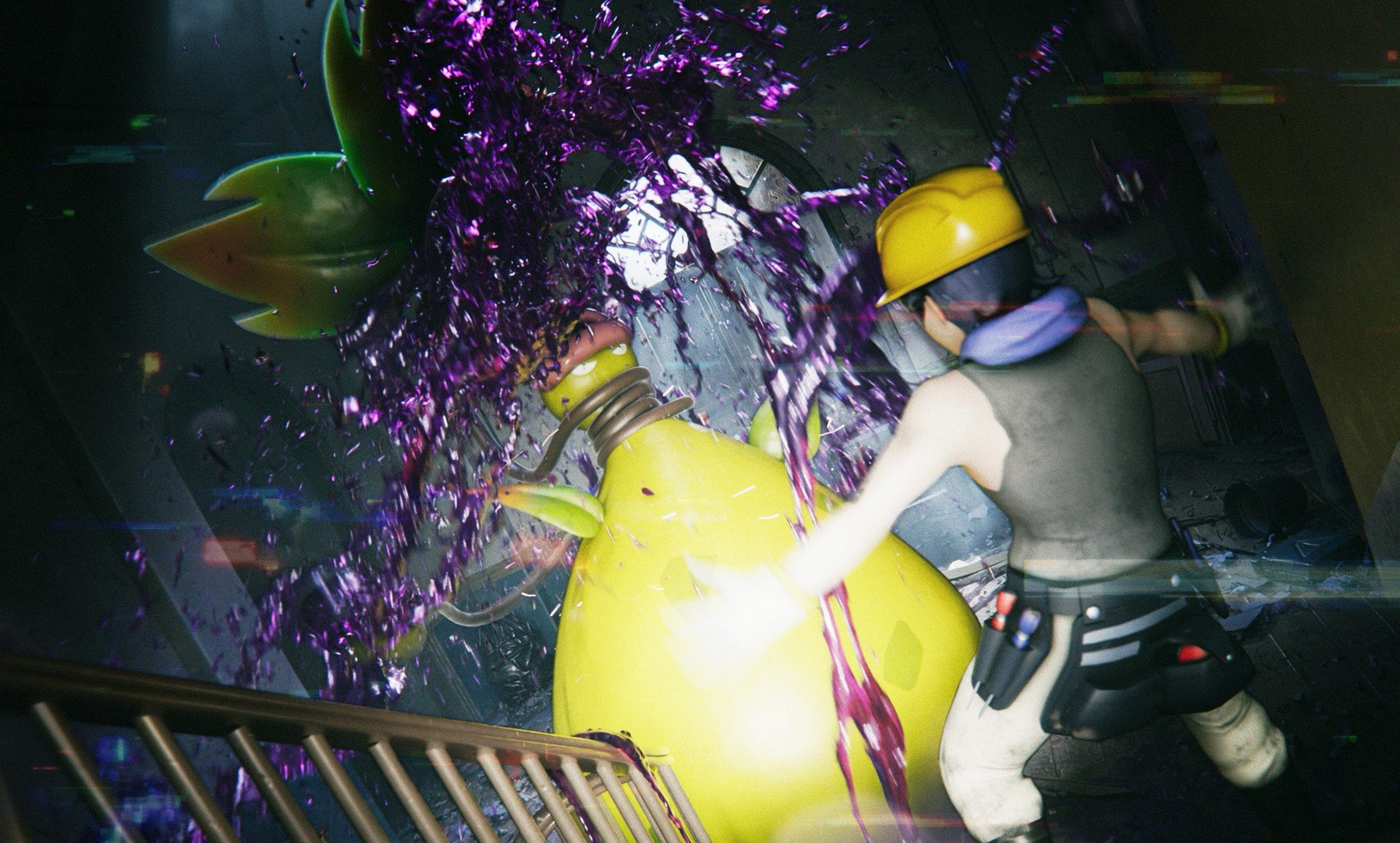 A construction worker running down the stairs of a dimly-lit building and being attacked by a massive pitcher plant-like creature that’s spewing acid.
