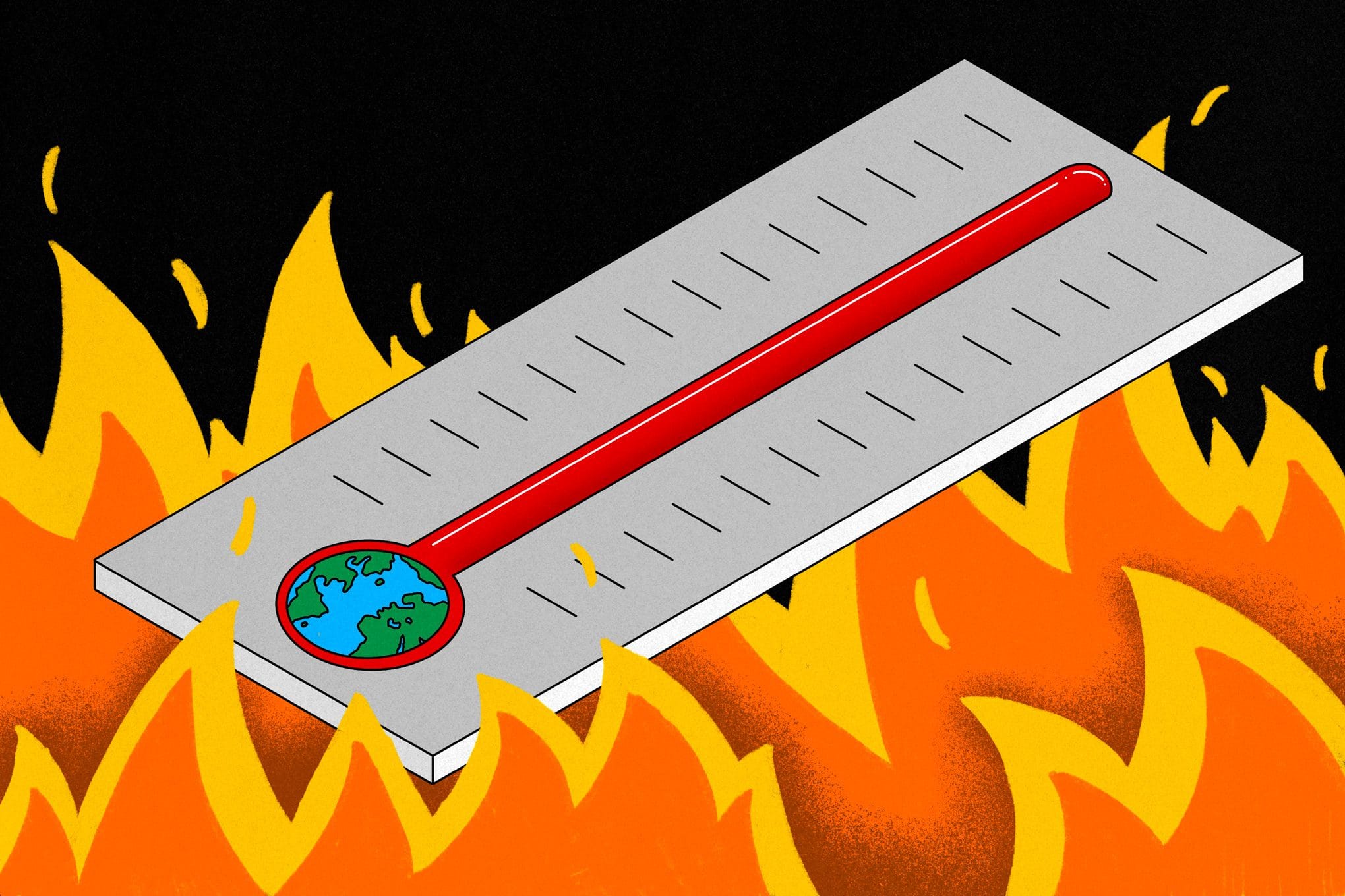 Art depicts a thermometer with a globe at the bottom  surrounded by flames
