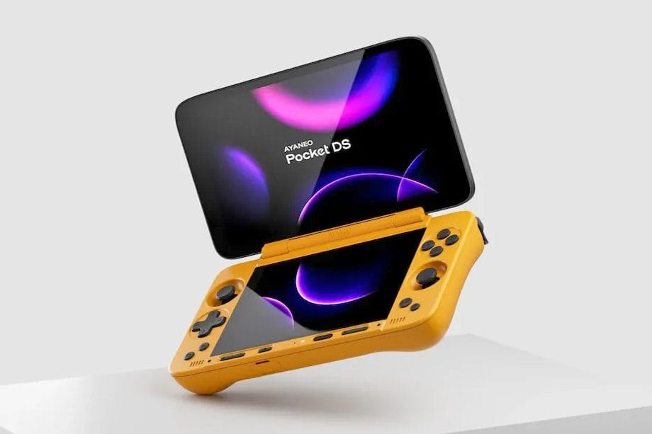A yellow Ayaneo Pocket DS with its screen open.
