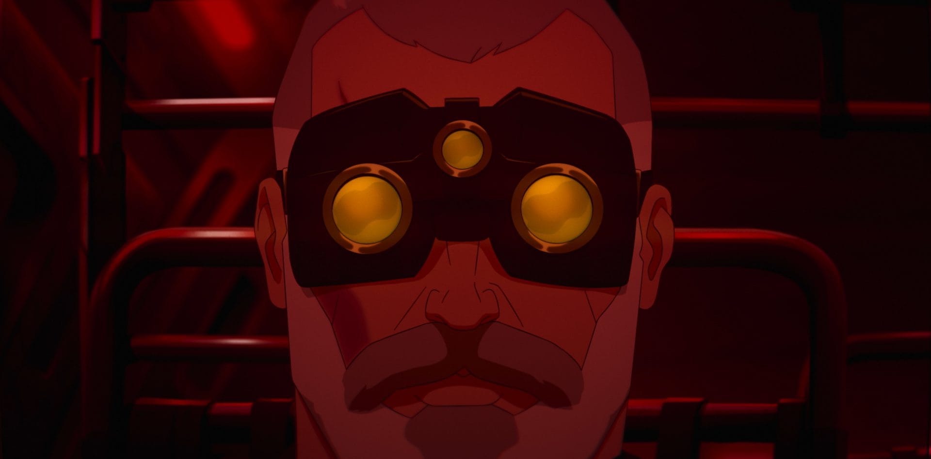 A close up animated still of a man wearing night vision goggles in a dark room only lit by a dim red light.