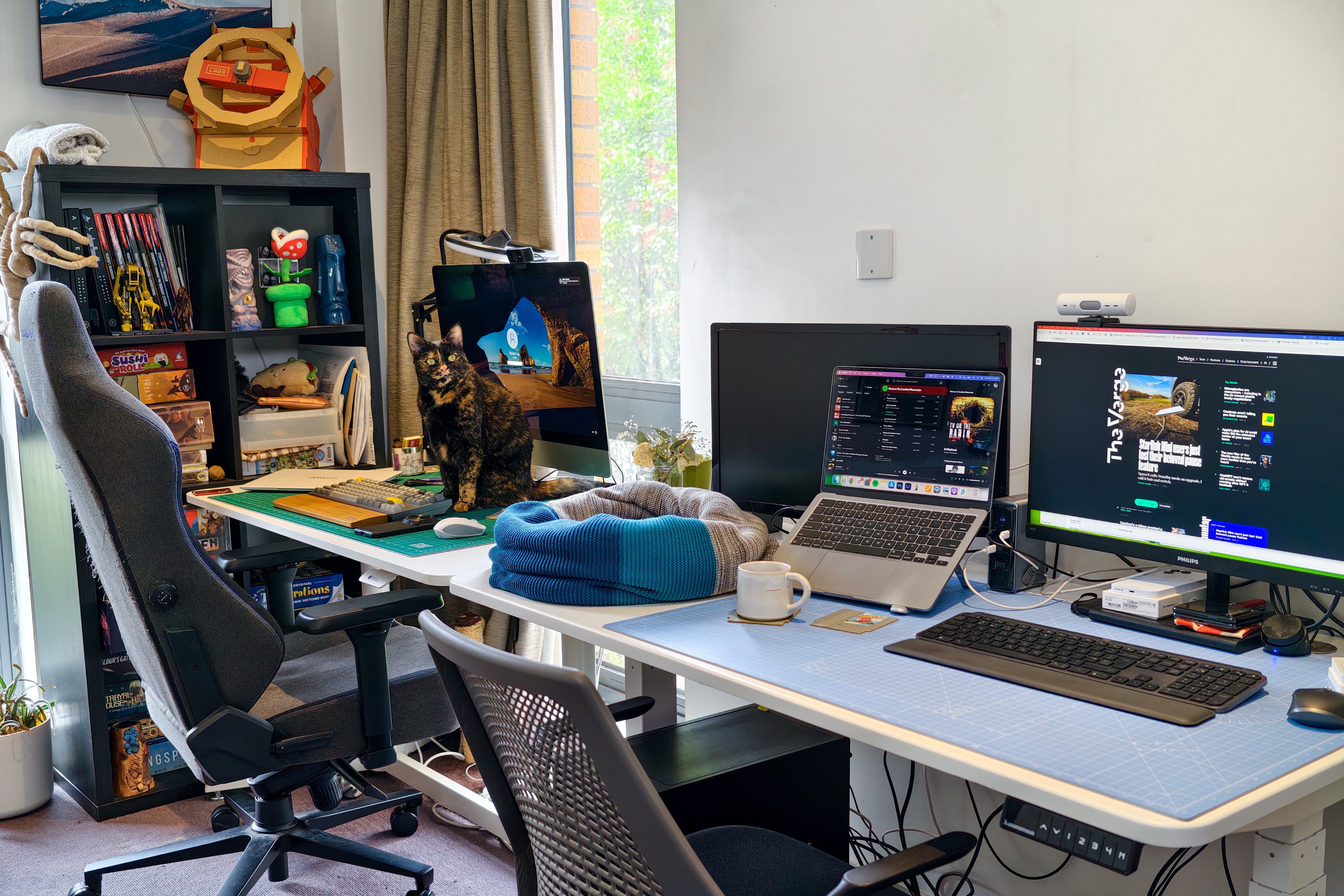 Two desks side by side with a cat sitting on one.