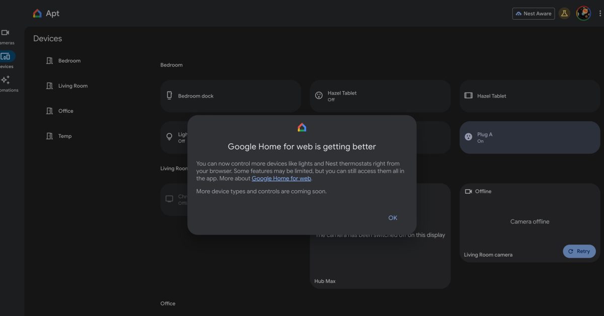 google home web app can now control