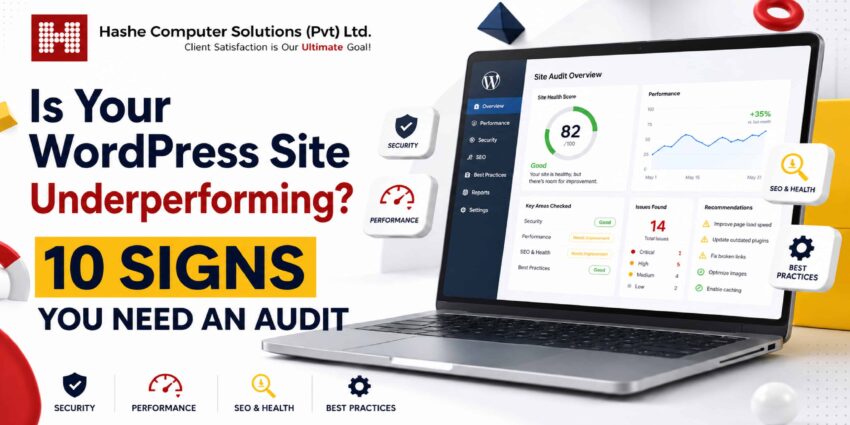 Is Your WordPress Site Underperforming? 10 Signs You Need an Audit 3 Illustration showing a WordPress website performance audit with speed, security, and SEO optimization indicators.