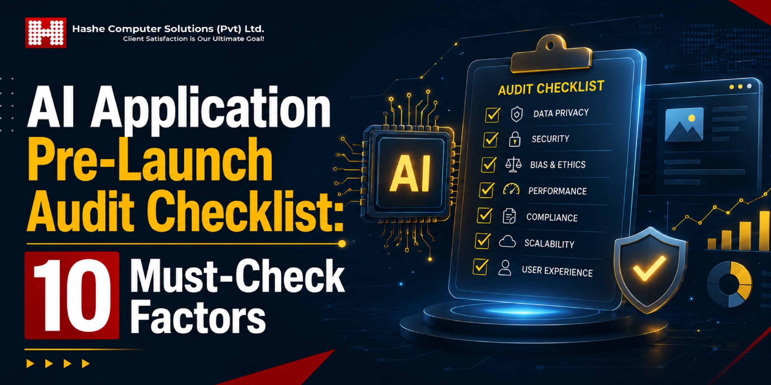 AI application pre-launch audit checklist covering data quality, security, model performance, compliance, and AI testing before deployment.