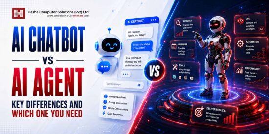 Comparison between AI chatbot and AI agent showing differences in automation, decision-making, workflows, and business use cases.