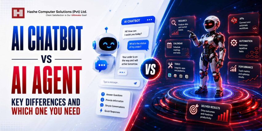 AI Chatbot vs AI Agent: Key Differences and Which One You Need 1 Comparison between AI chatbot and AI agent showing differences in automation, decision-making, workflows, and business use cases.